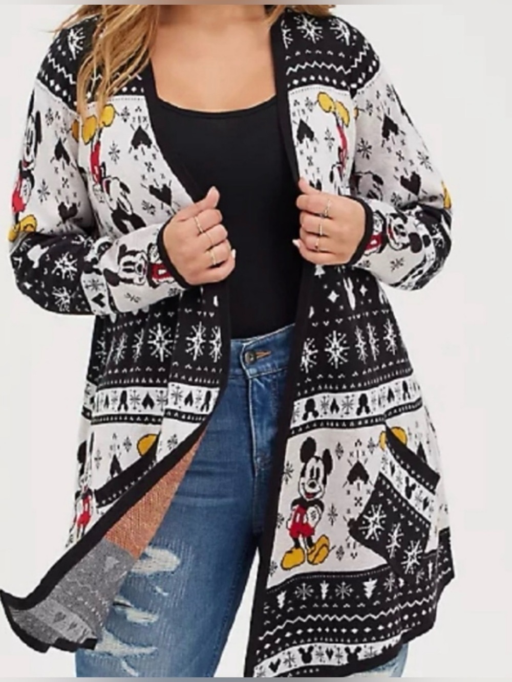 Torrid Disney Mickey Mouse Drape Knit Holiday Fair Isle Print Front Cardigan 3X